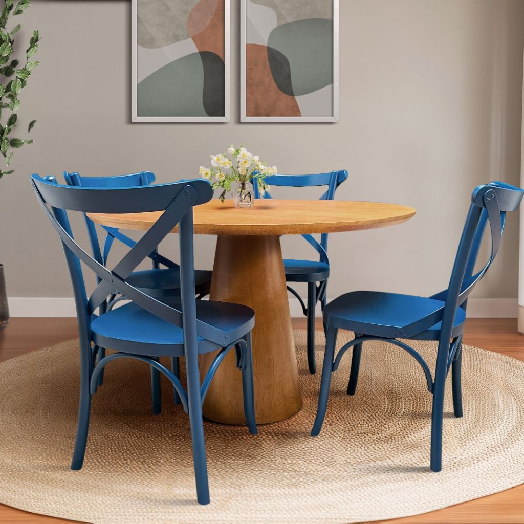 sala de jantar colorida, cadeira azul, mesa de jantar, cadeira boho, estilo boho,  cadeira de jantar azul,  cadeira com encosto em x, azul, mesa de jantar amendoa, mesa de jantar redonda, 