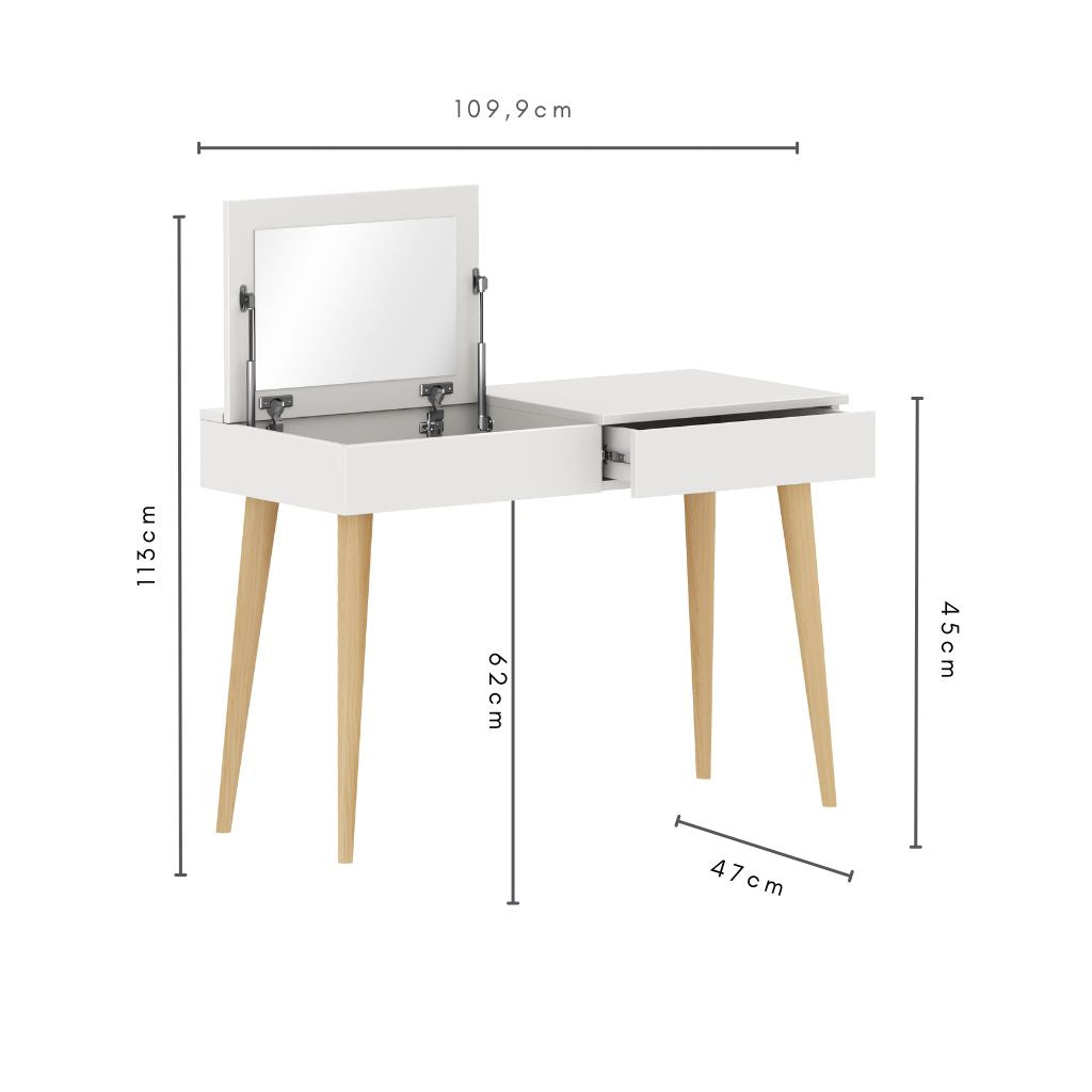 Escrivaninha com Espelho e Gaveta Kids  -  Branca/Carvalho