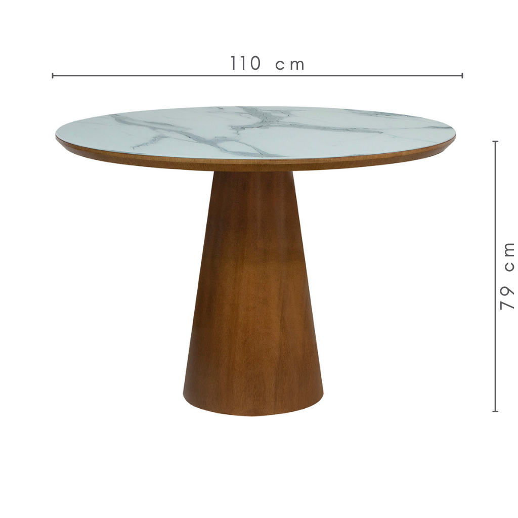 Mesa de Jantar Redonda Laura Base e Tampo Amêndoa Com Vidro Branco Marmorizado Sobreposto 110 cm, medidas:   A=79 cm    C=110 cm   L=110 cm